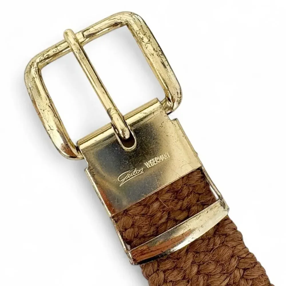 VTG Gutos Braided Rope Stretch Belt Brown West Germany Gold Buckle Woven S/M